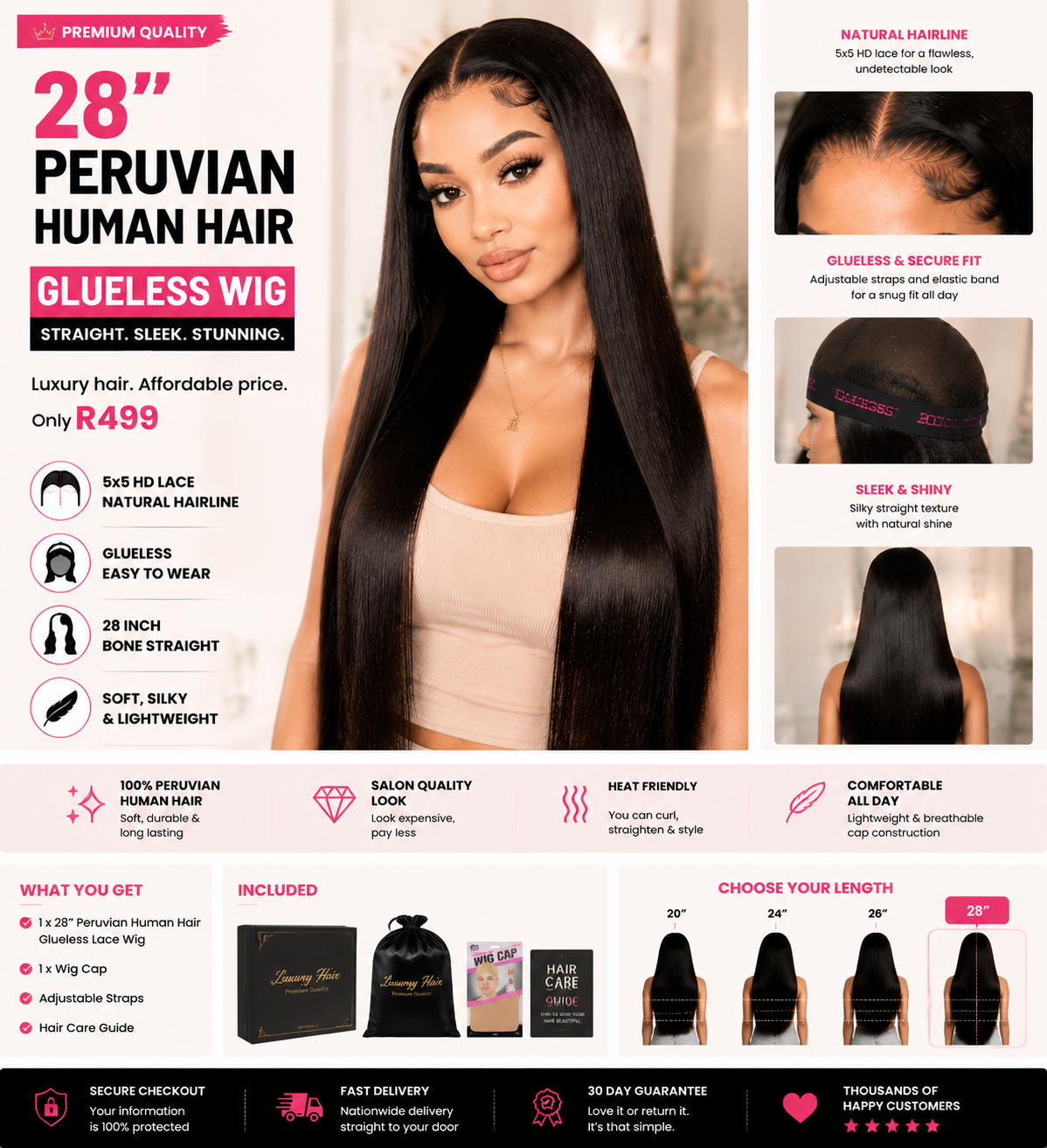 28" Peruvian Human Hair Glueless 5x5 Lace Wig — Bone Straight Luxury Look