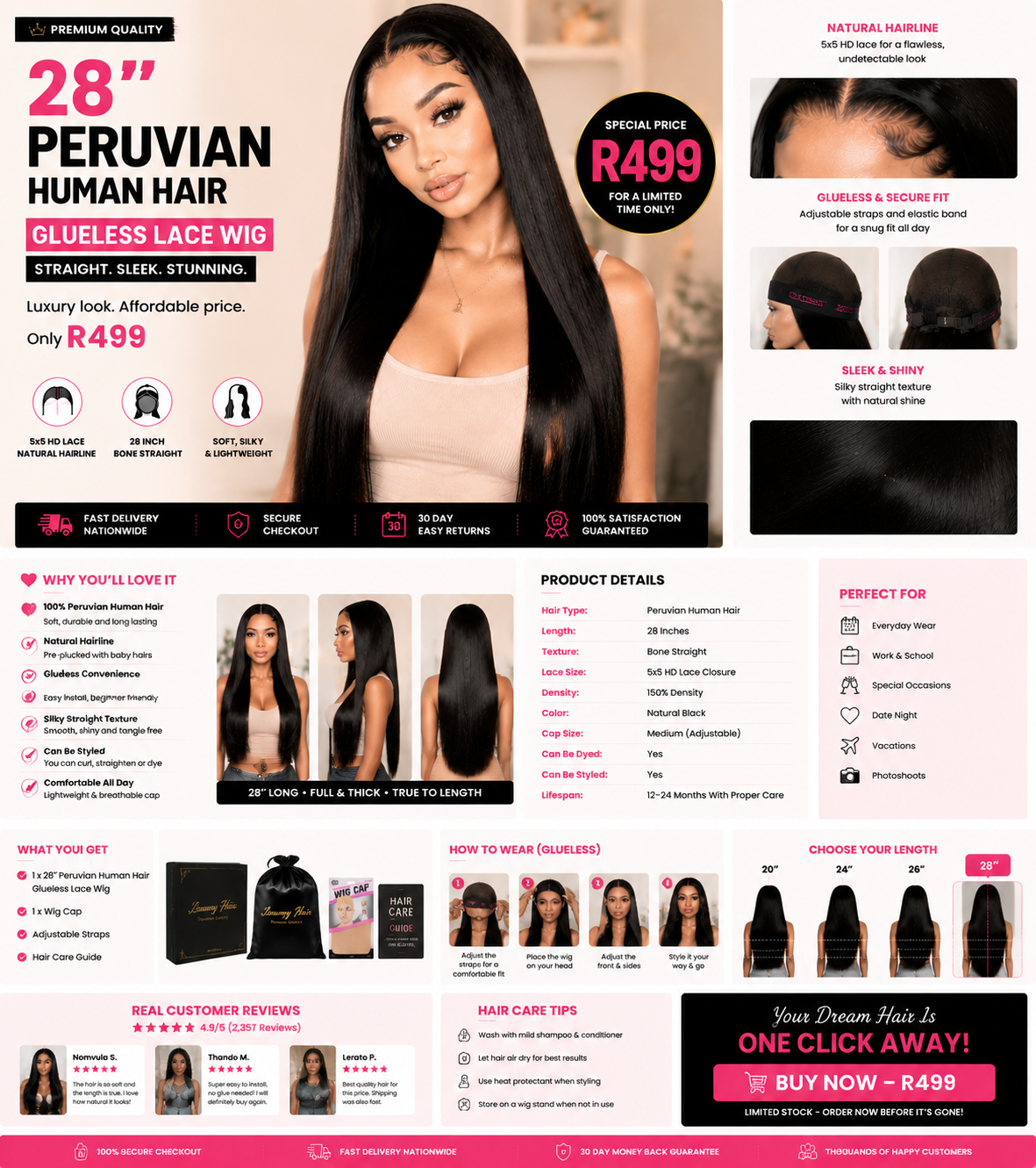 28" Peruvian Human Hair Glueless 5x5 Lace Wig — Bone Straight Luxury Look