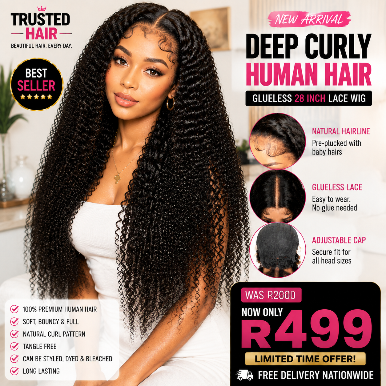 28 Inch Deep Curly Human Hair Glueless Lace Wig