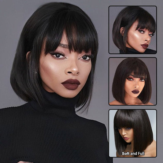 Straight Fringe Bob Wig With Bangs Brazilian Short Bob Human Hair Wigs For Women  Machine Made Wig With Bangs Remy Hair Full Wig Natural Color