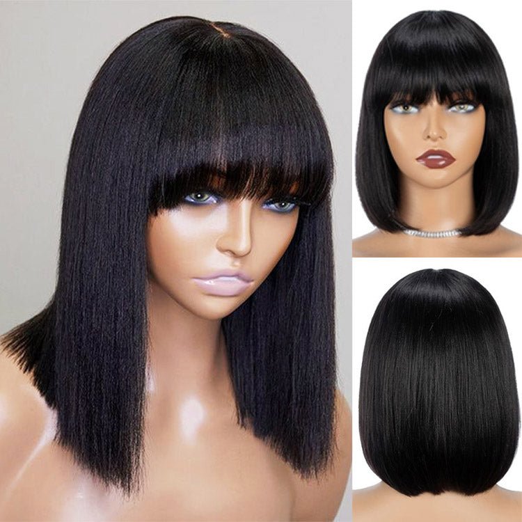 Straight Fringe Bob Wig With Bangs Brazilian Short Bob Human Hair Wigs For Women  Machine Made Wig With Bangs Remy Hair Full Wig Natural Color