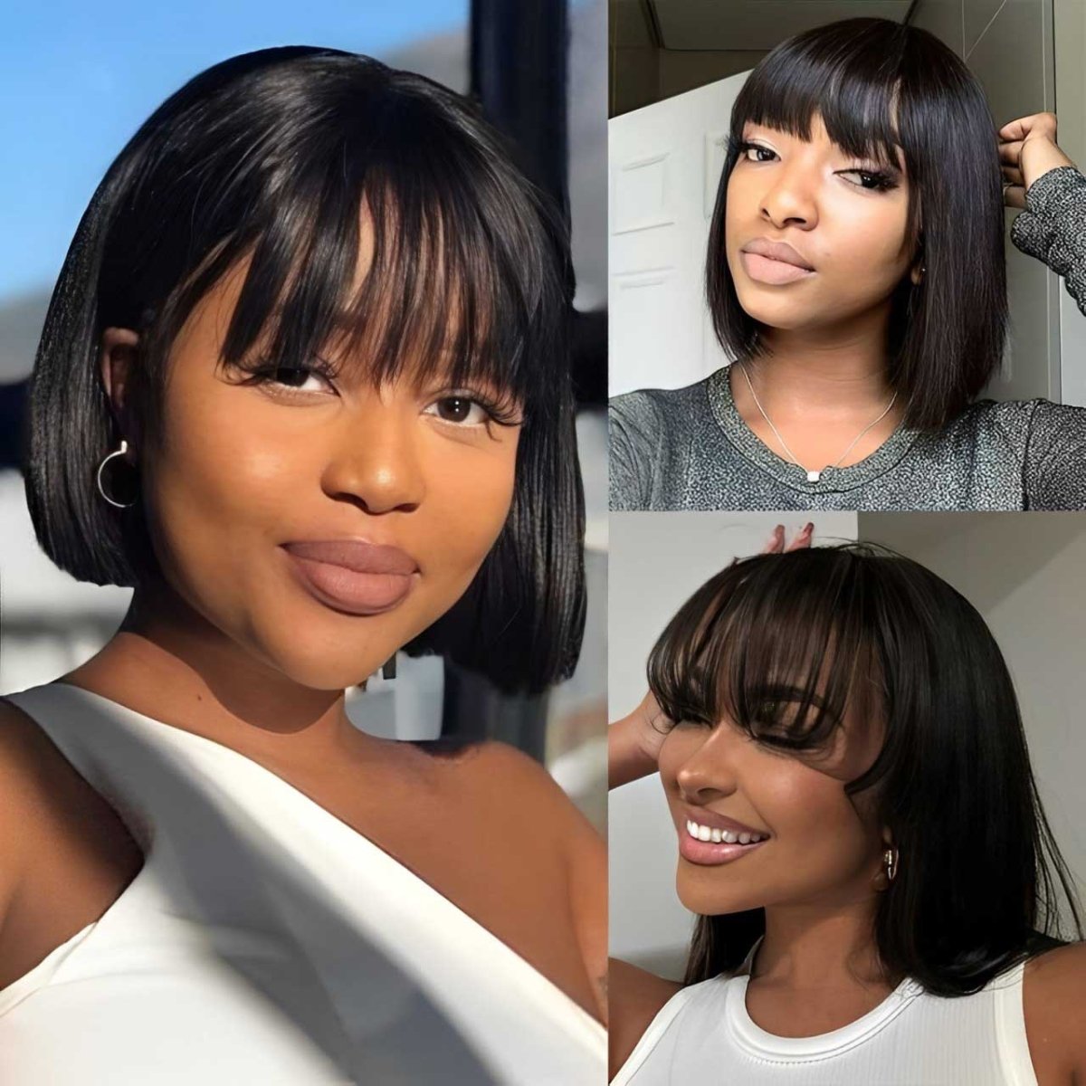 Straight Fringe Bob Wig With Bangs Brazilian Short Bob Human Hair Wigs For Women  Machine Made Wig With Bangs Remy Hair Full Wig Natural Color